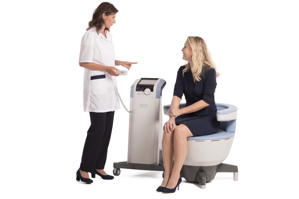 Image of Emsella machine with doctor and patient